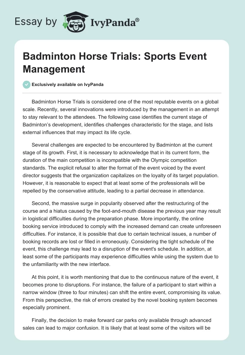 Badminton Horse Trials: Sports Event Management. Page 1