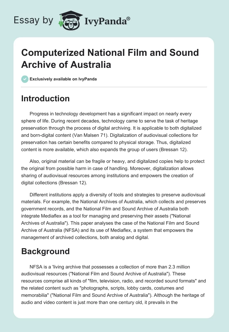 Computerized National Film and Sound Archive of Australia. Page 1