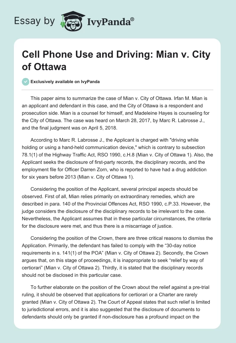 Cell Phone Use and Driving: Mian vs. City of Ottawa. Page 1
