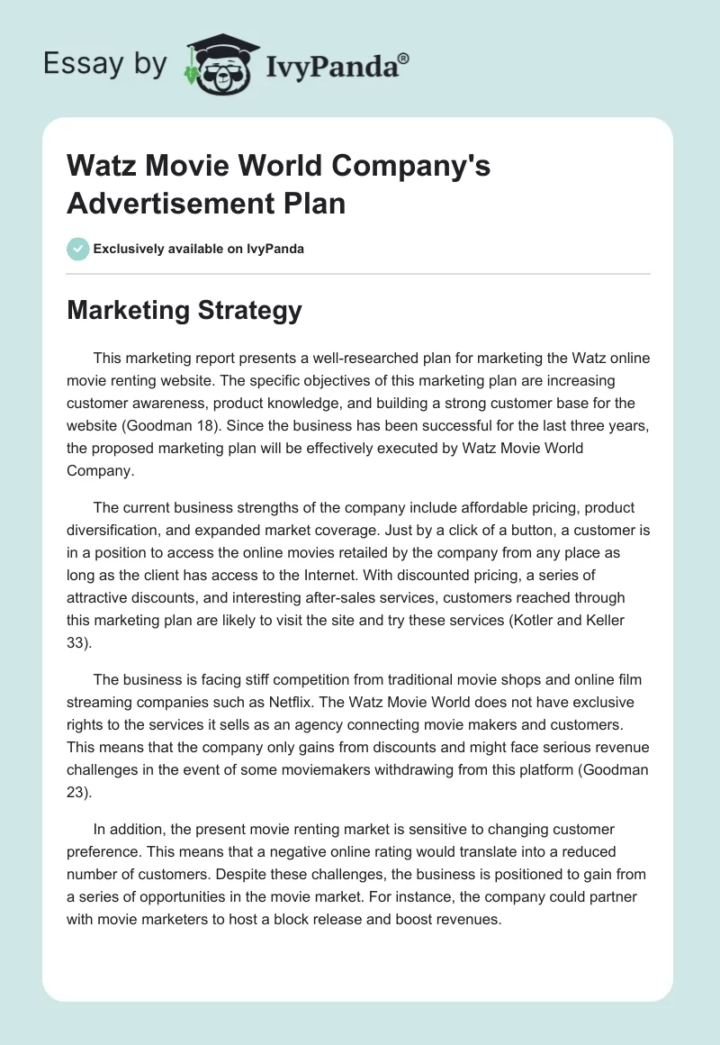 Watz Movie World Company's Advertisement Plan. Page 1