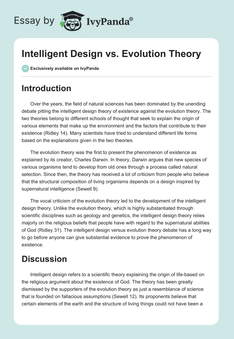Intelligent Design vs. Evolution Theory. Page 1