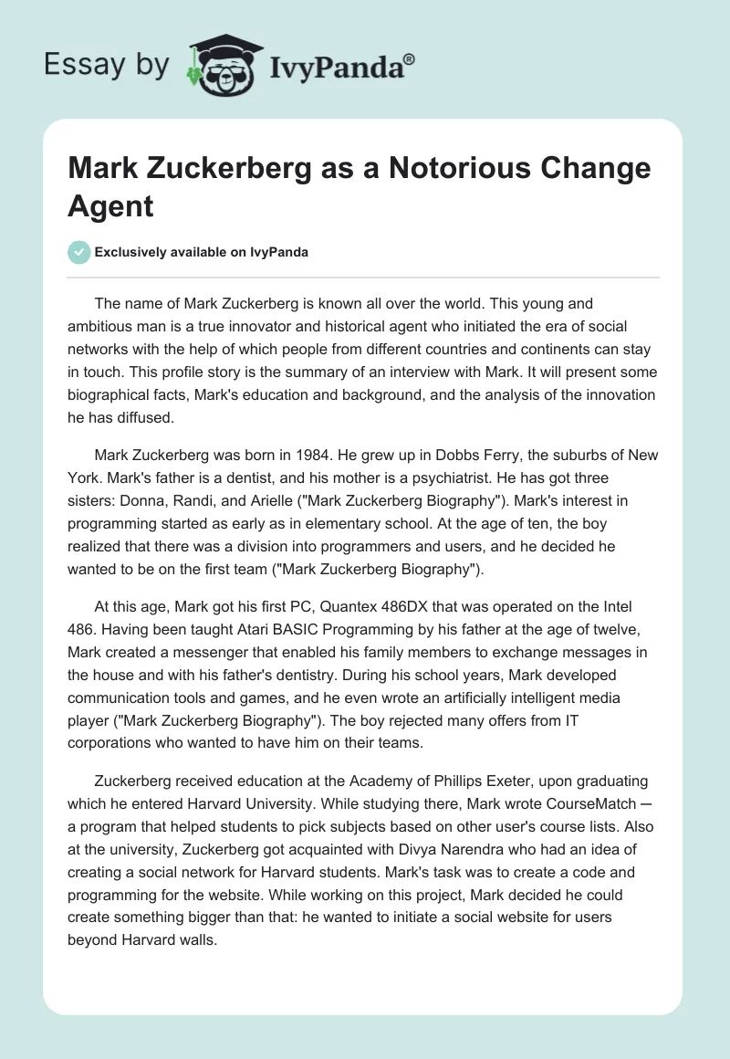 Mark Zuckerberg as a Notorious Change Agent. Page 1