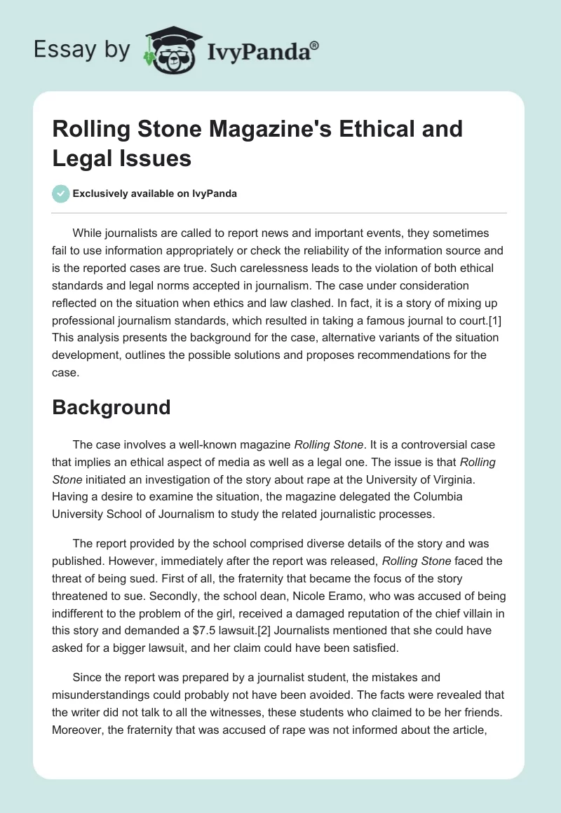 Rolling Stone Magazine's Ethical and Legal Issues. Page 1