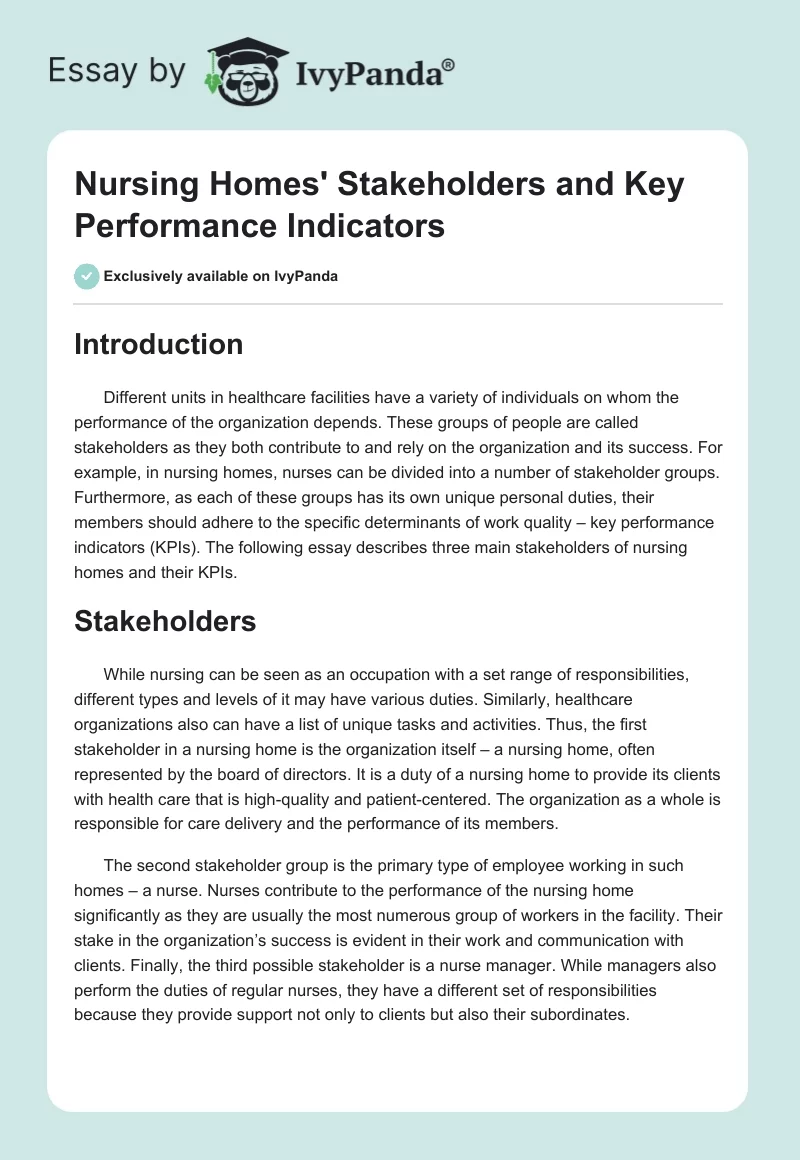 Nursing Homes' Stakeholders and Key Performance Indicators. Page 1