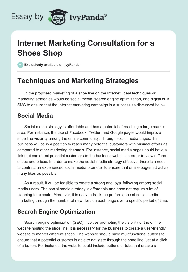 Internet Marketing Consultation for a Shoes Shop. Page 1