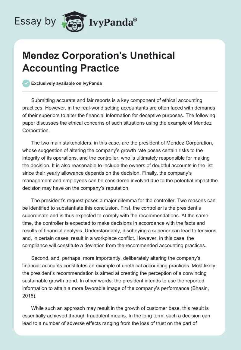Mendez Corporation's Unethical Accounting Practice. Page 1