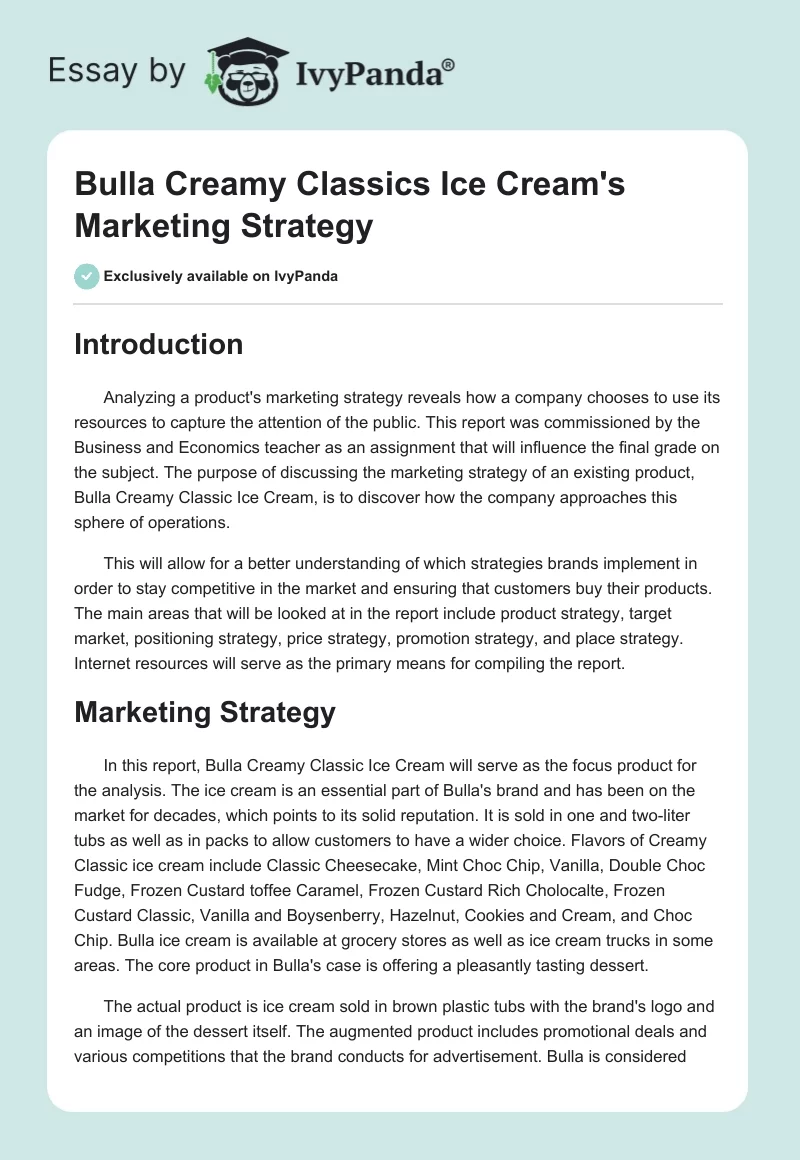 Bulla Creamy Classics Ice Cream's Marketing Strategy. Page 1