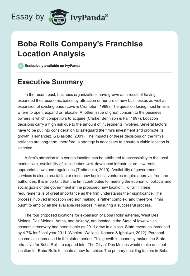 Boba Rolls Company's Franchise Location Analysis. Page 1