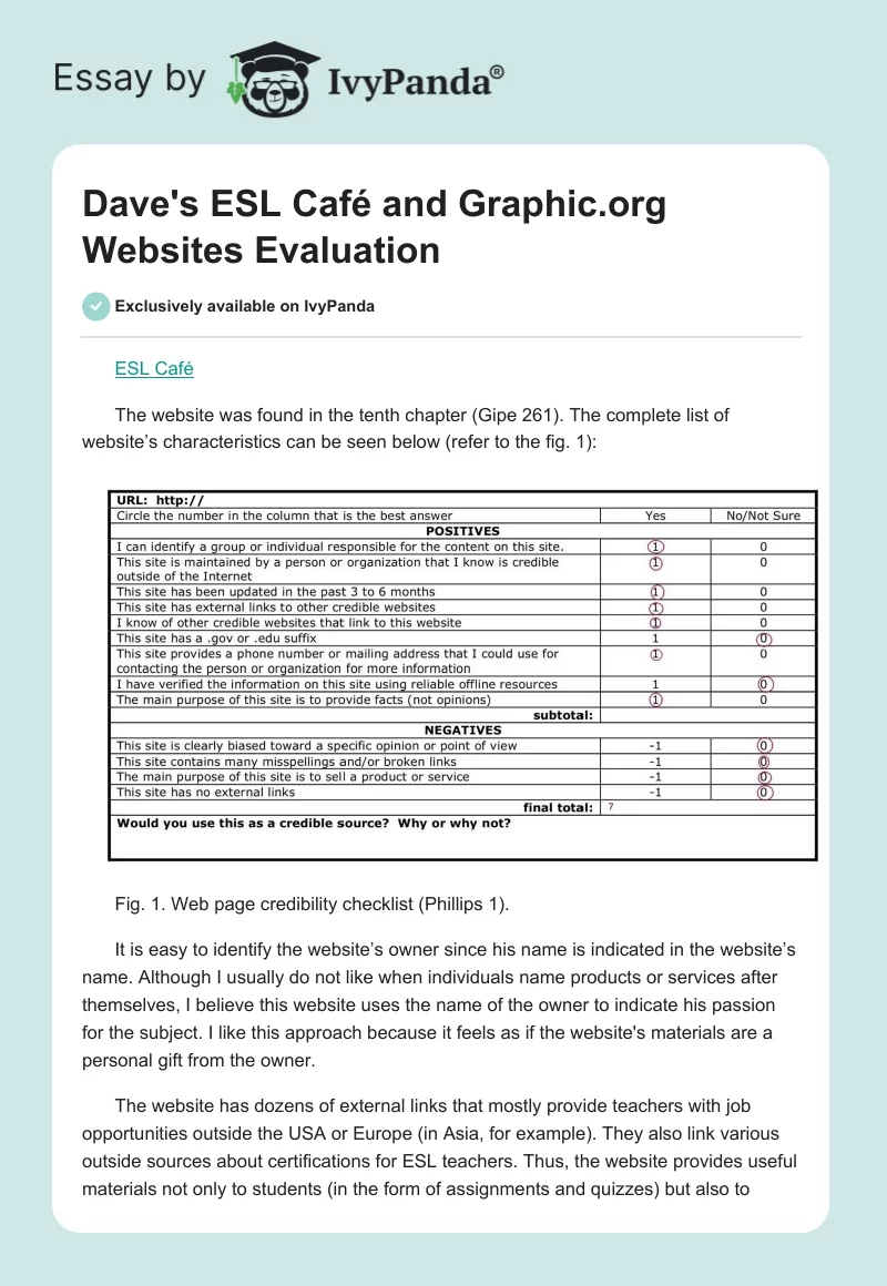 Dave's ESL Café and Graphic.org Websites Evaluation. Page 1