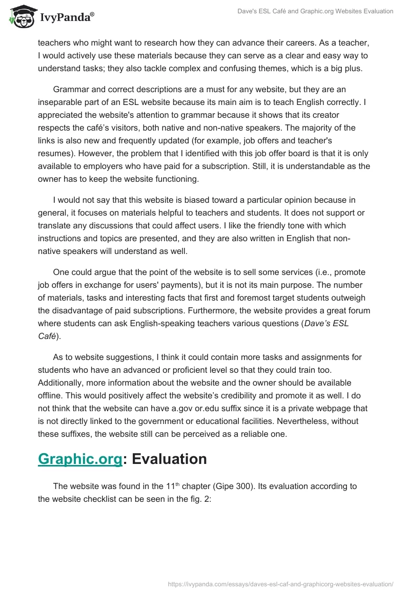 Dave's ESL Café and Graphic.org Websites Evaluation. Page 2