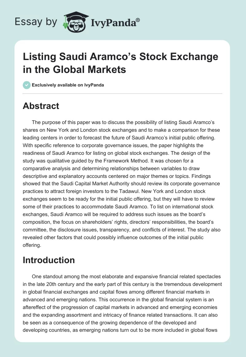 Listing Saudi Aramco’s Stock Exchange in the Global Markets. Page 1
