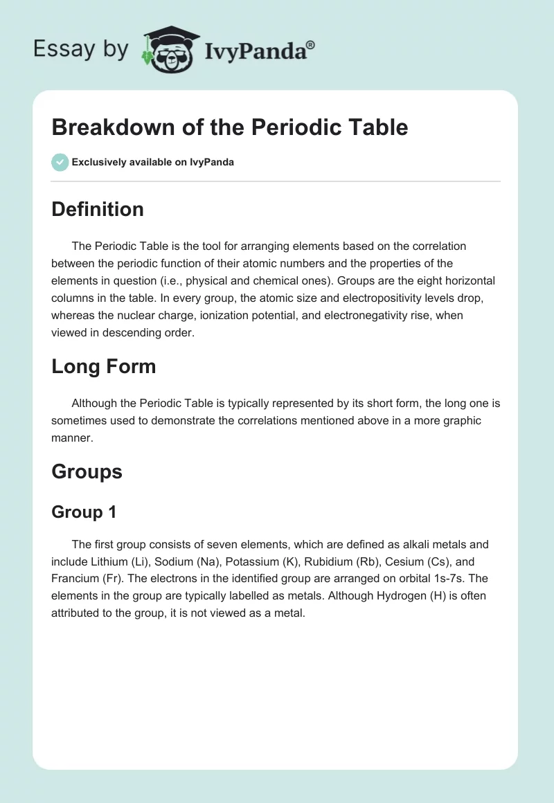 Breakdown of the Periodic Table. Page 1
