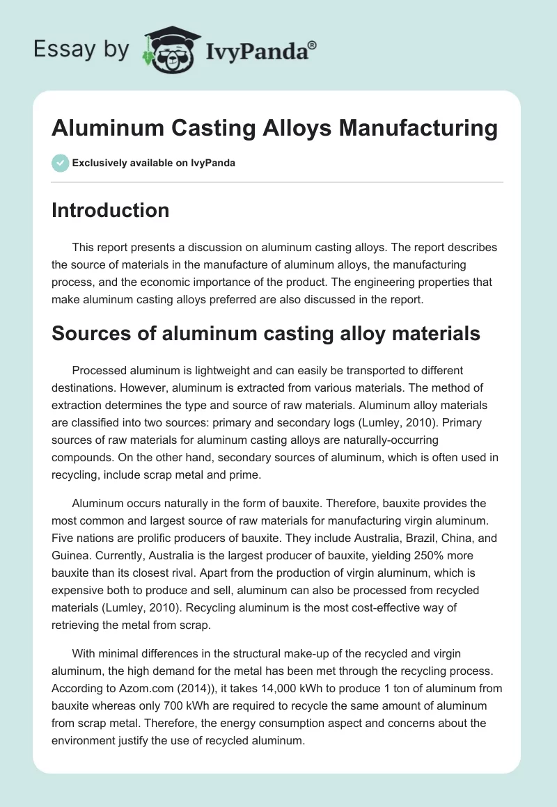 Aluminum Casting Alloys Manufacturing. Page 1