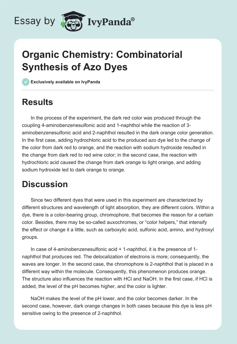 Organic Chemistry: Combinatorial Synthesis of Azo Dyes. Page 1