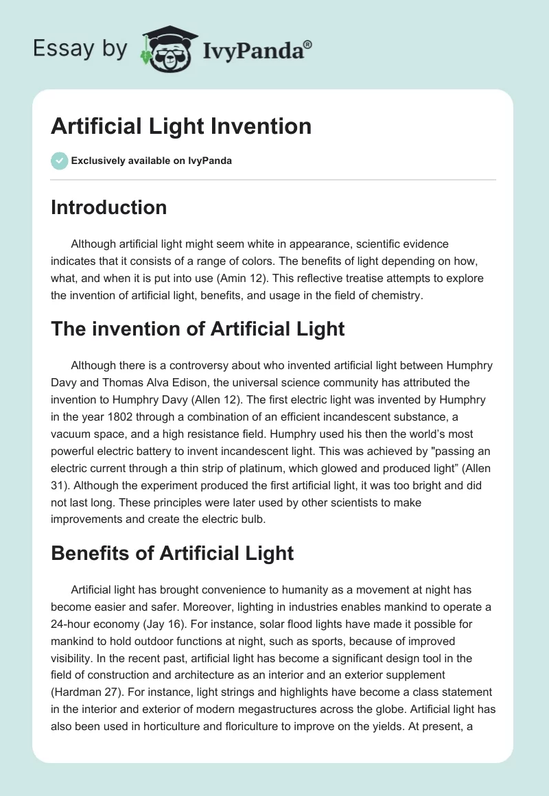 Artificial Light Invention. Page 1