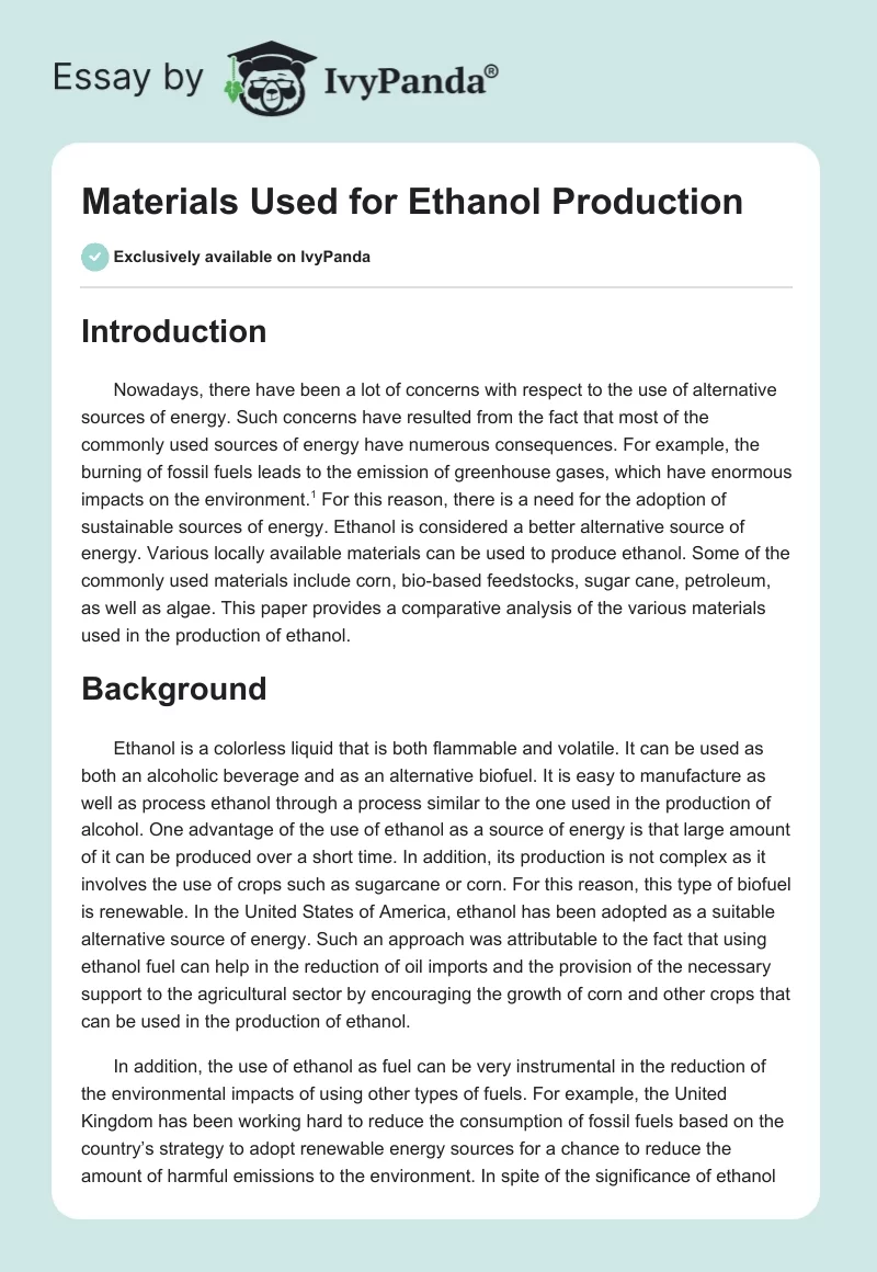 Materials Used for Ethanol Production. Page 1