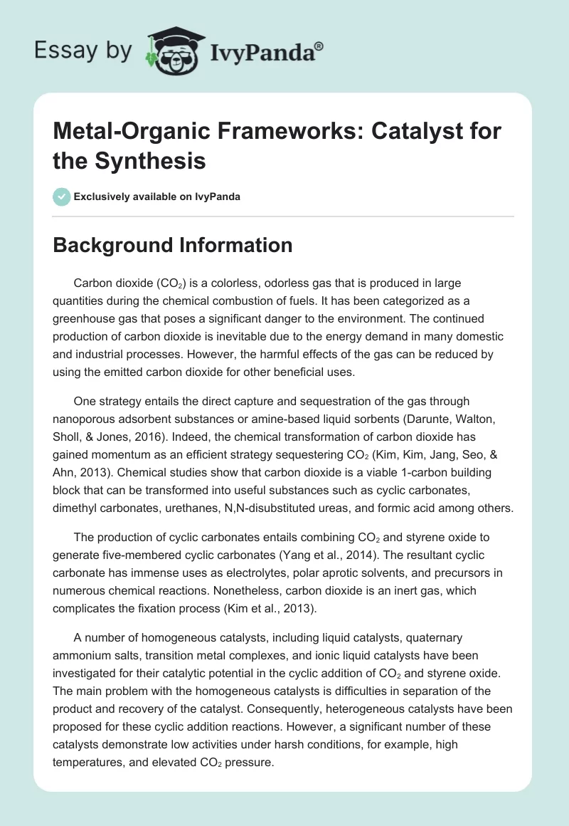Metal-Organic Frameworks: Catalyst for the Synthesis. Page 1