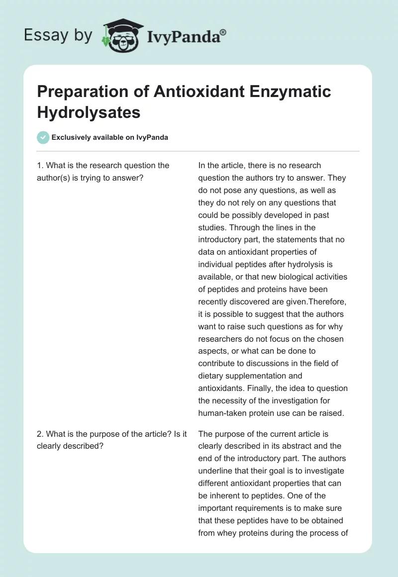 Preparation of Antioxidant Enzymatic Hydrolysates. Page 1