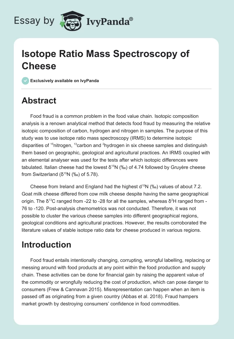 Isotope Ratio Mass Spectroscopy of Cheese. Page 1