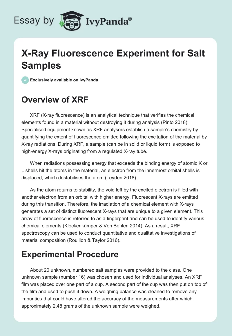 X-Ray Fluorescence Experiment for Salt Samples. Page 1