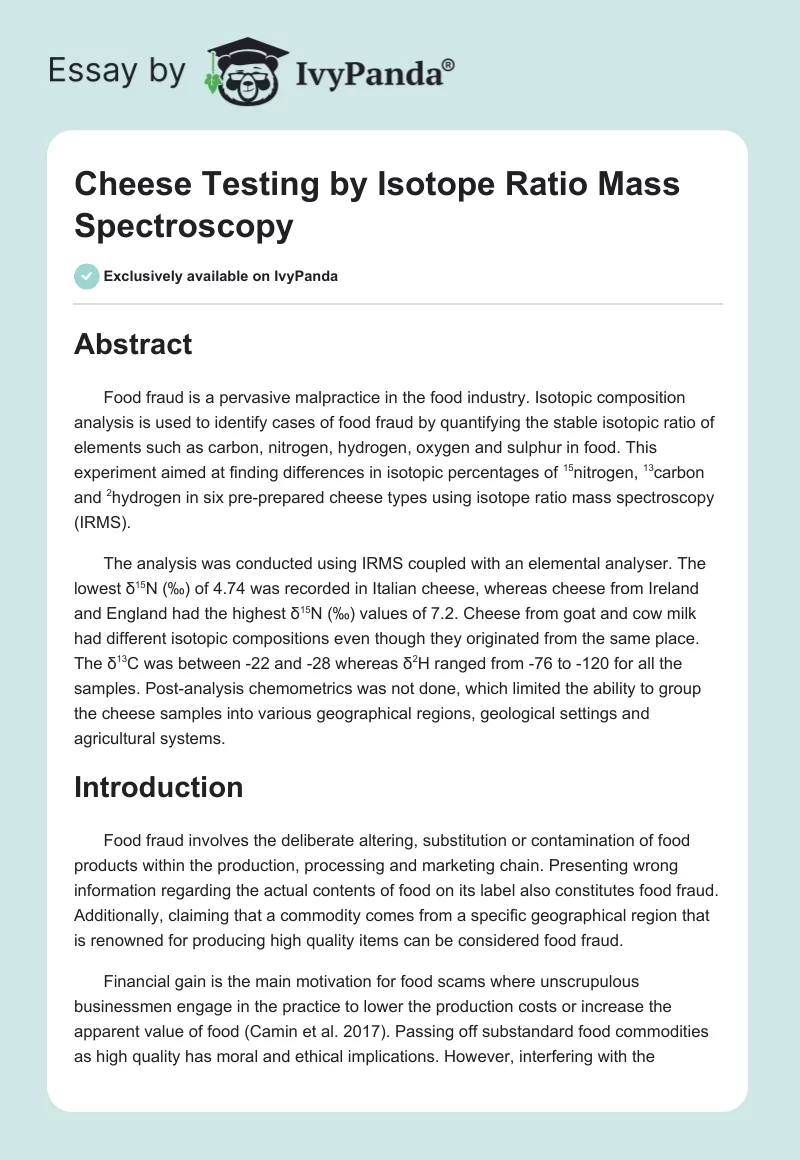 Cheese Testing by Isotope Ratio Mass Spectroscopy. Page 1