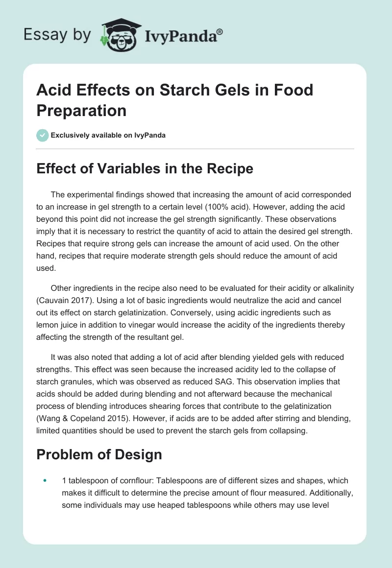 Acid Effects on Starch Gels in Food Preparation. Page 1