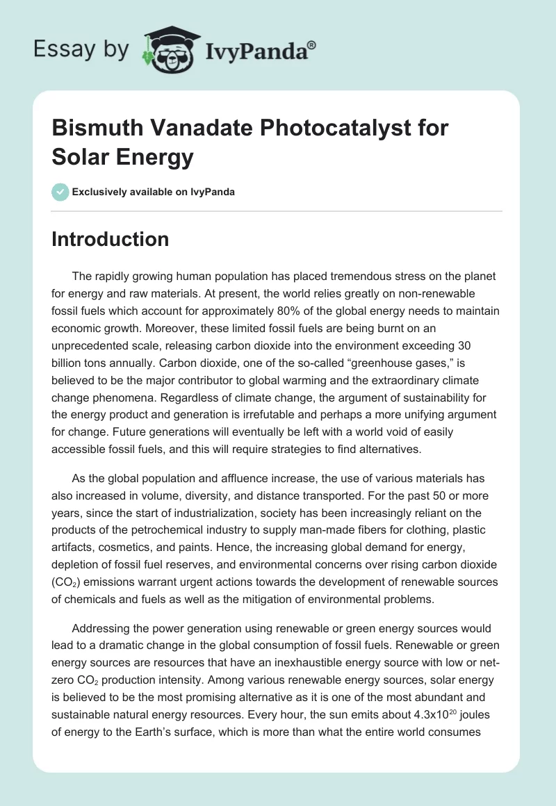 Bismuth Vanadate Photocatalyst for Solar Energy. Page 1