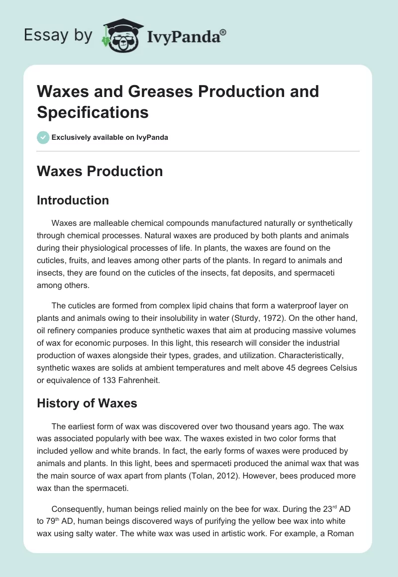Waxes and Greases Production and Specifications. Page 1