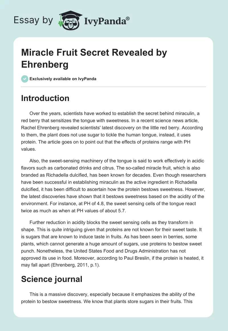 "Miracle Fruit Secret Revealed" by Ehrenberg. Page 1