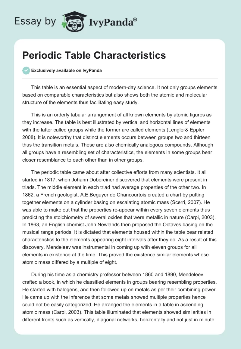 Periodic Table Characteristics. Page 1