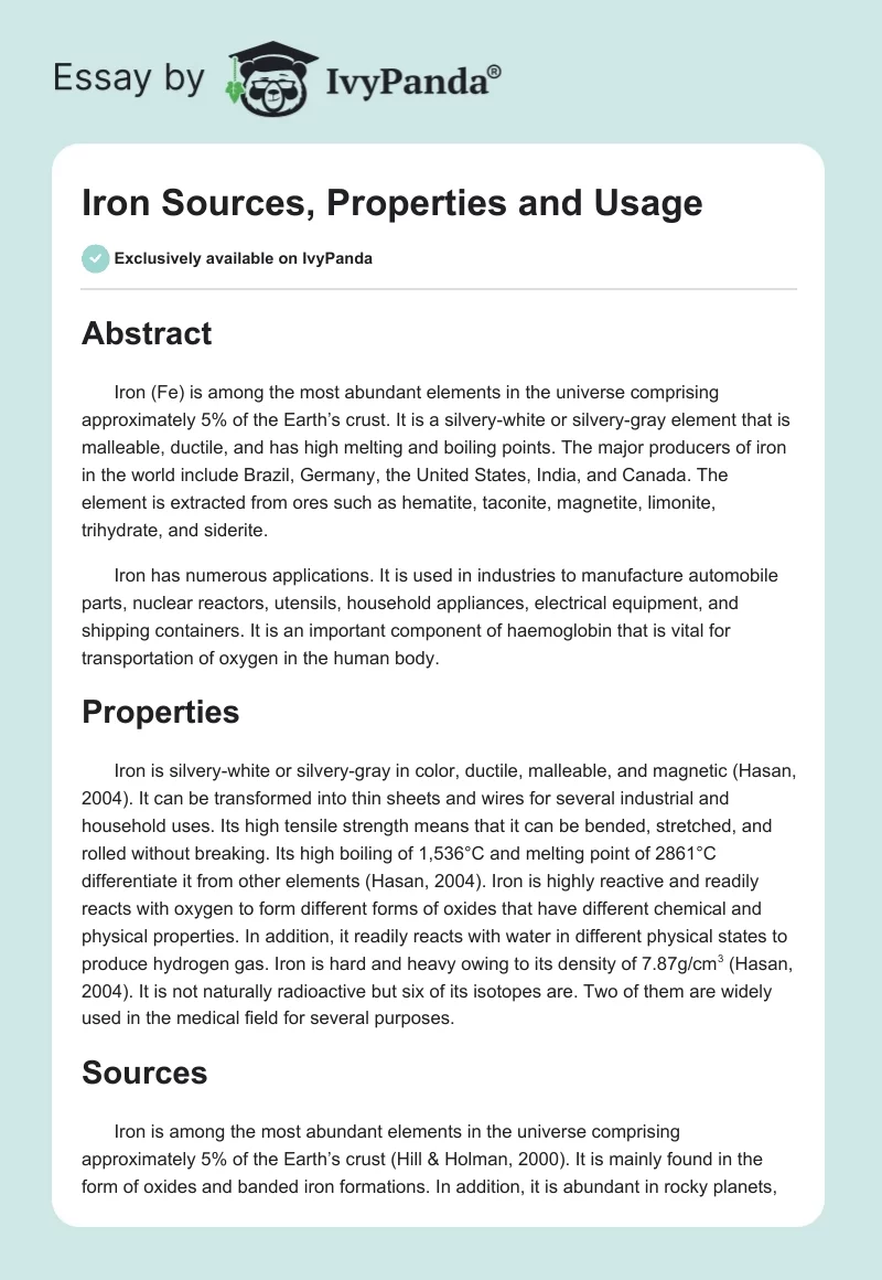 Iron Sources, Properties and Usage. Page 1