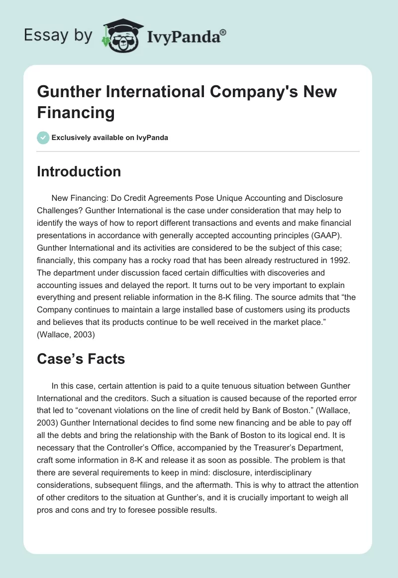 Gunther International Company's New Financing. Page 1