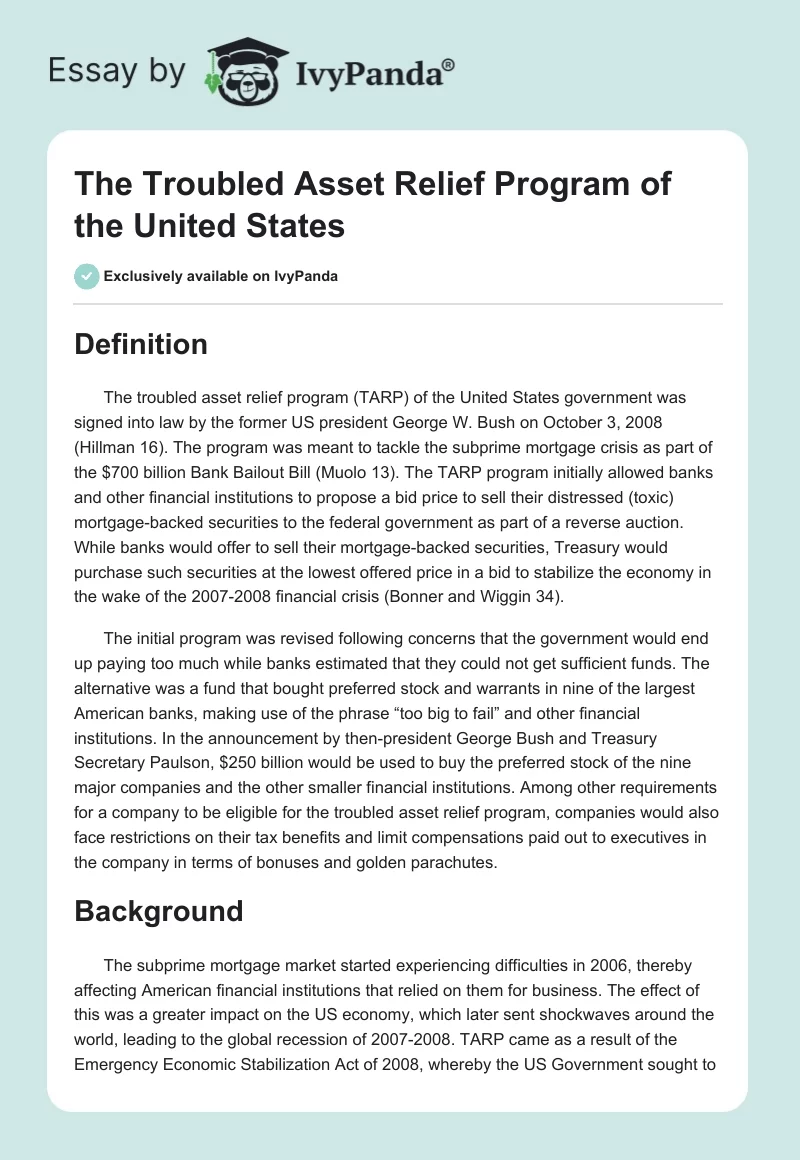 The Troubled Asset Relief Program of the United States. Page 1