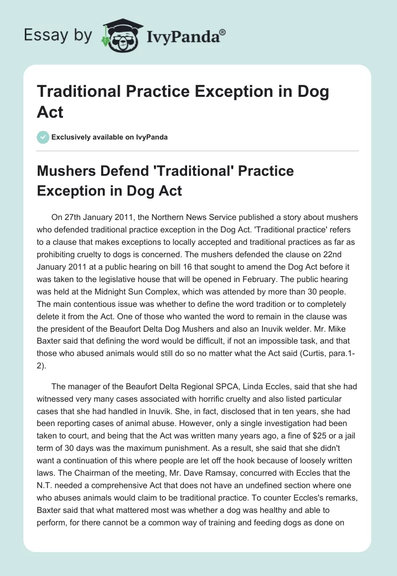 "Traditional" Practice Exception in Dog Act. Page 1