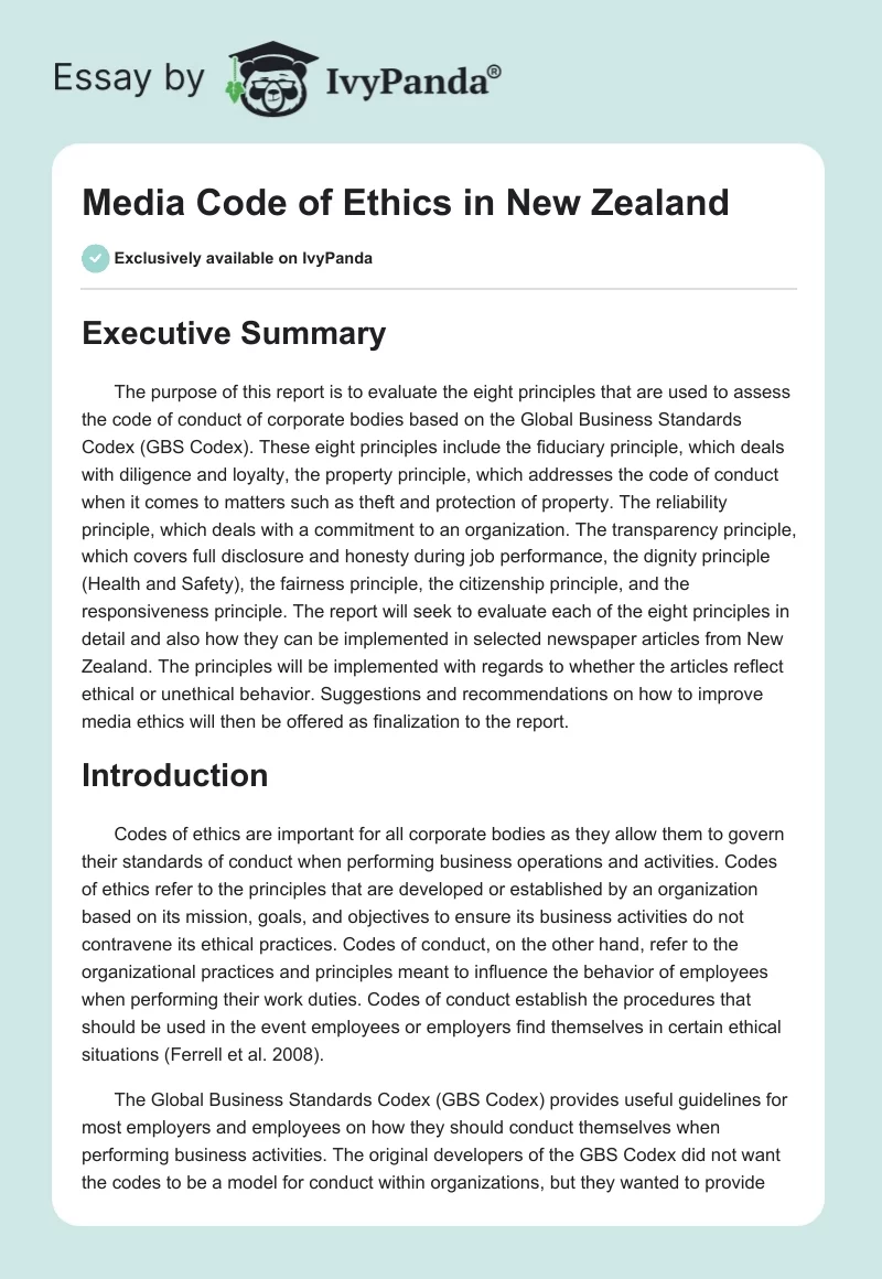 Media Code of Ethics in New Zealand. Page 1