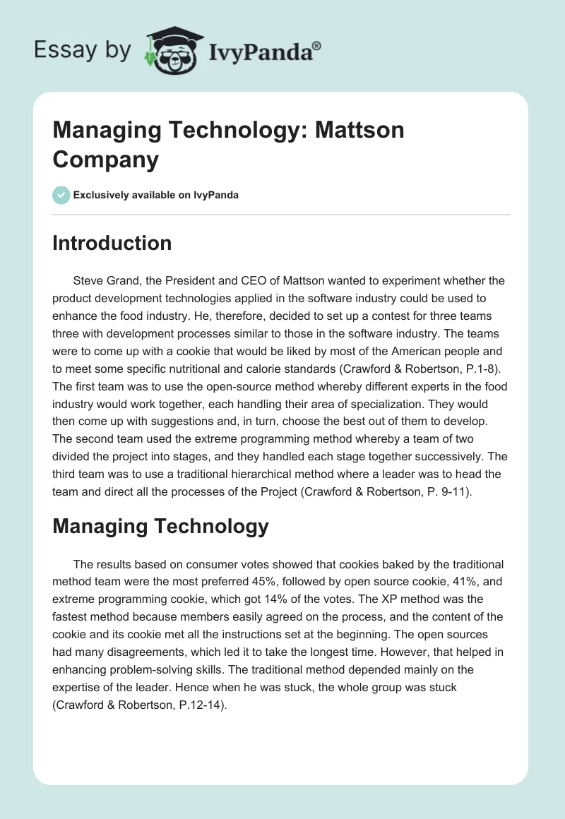 Managing Technology: Mattson Company. Page 1
