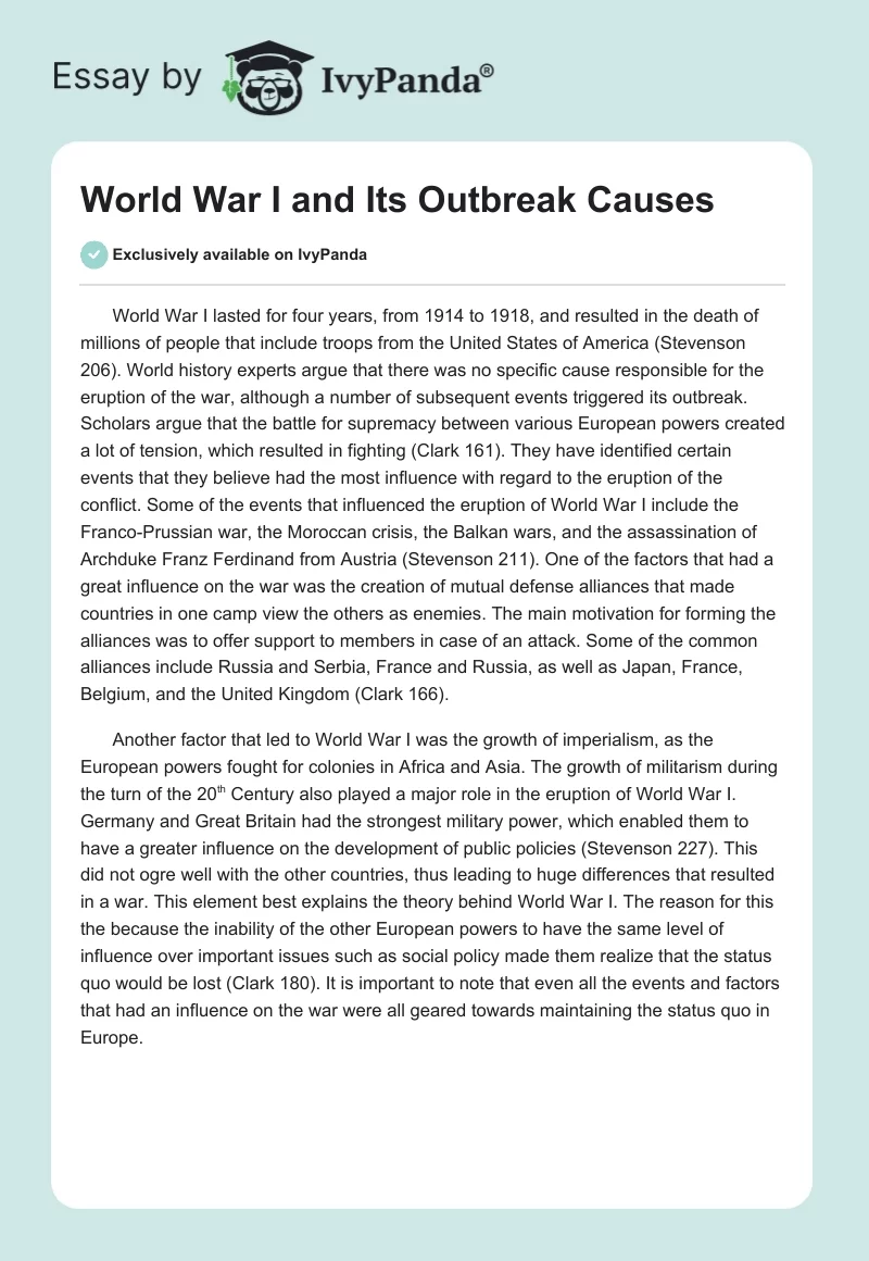 World War I and Its Outbreak Causes. Page 1