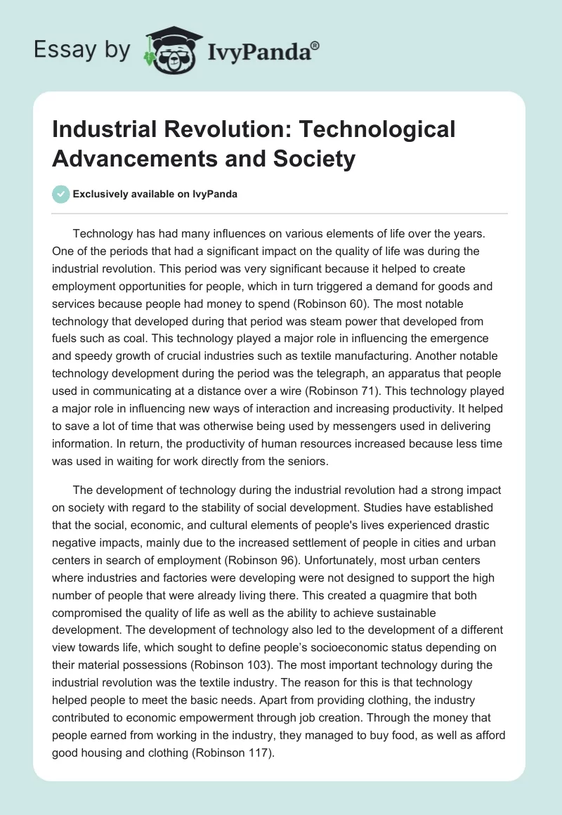 Industrial Revolution: Technological Advancements and Society. Page 1