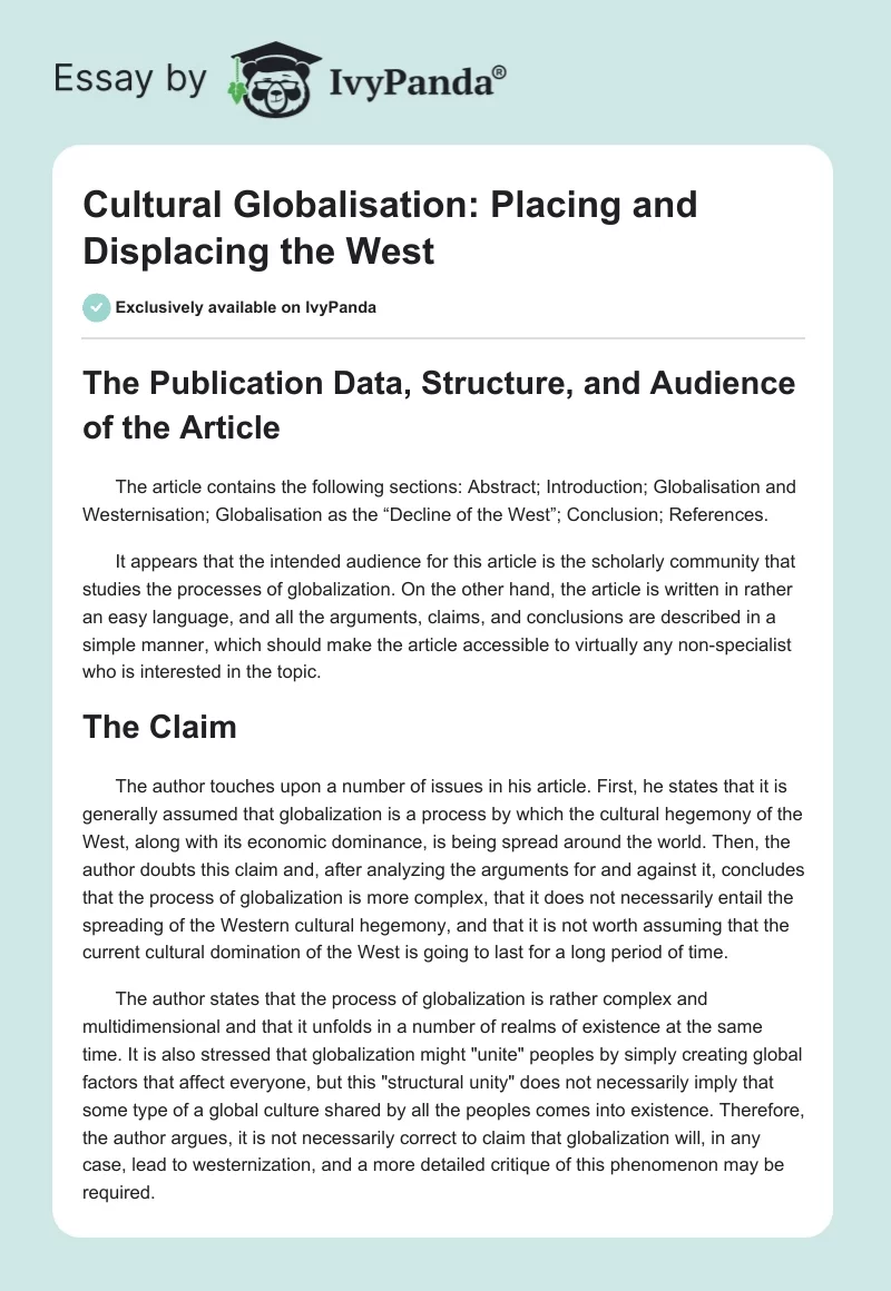 Cultural Globalisation: Placing and Displacing the West. Page 1