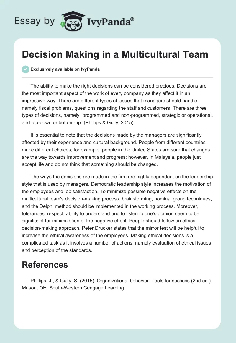 Decision Making in a Multicultural Team. Page 1