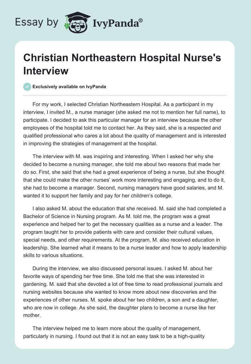 Christian Northeastern Hospital Nurse's Interview. Page 1