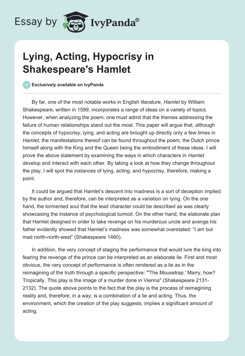 Lying, Acting, Hypocrisy in Shakespeare's "Hamlet". Page 1