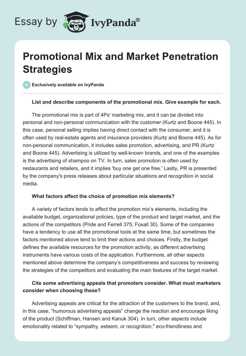 Promotional Mix and Market Penetration Strategies. Page 1