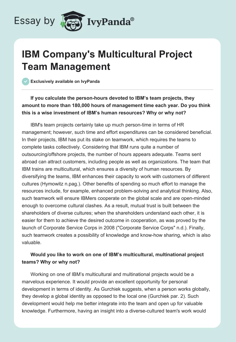 IBM Company's Multicultural Project Team Management. Page 1