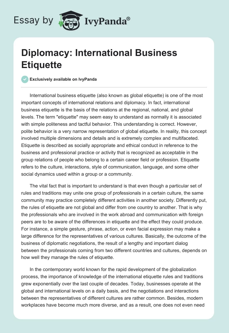 Diplomacy: International Business Etiquette. Page 1