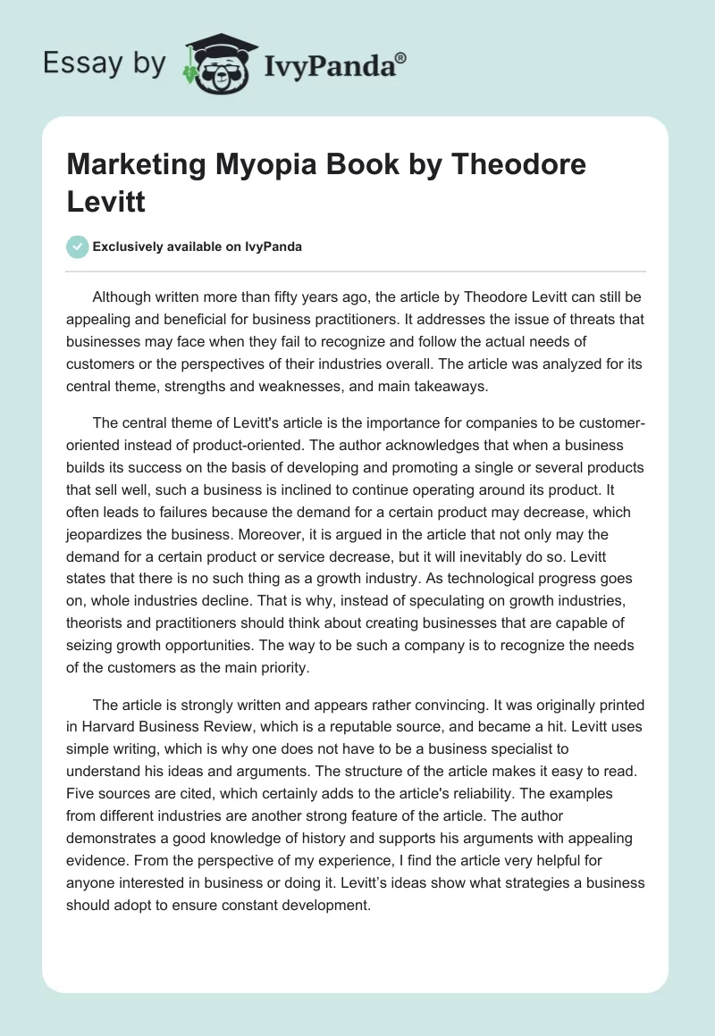 "Marketing Myopia" Book by Theodore Levitt. Page 1