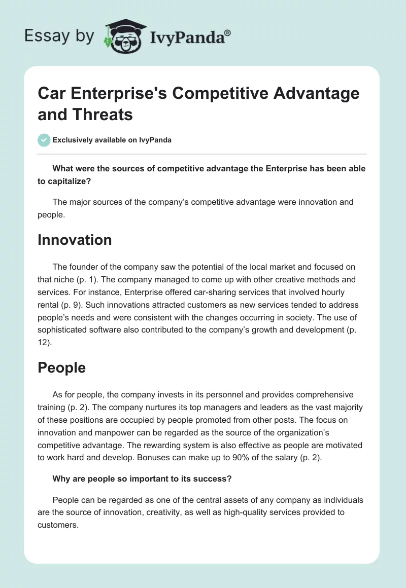 Car Enterprise's Competitive Advantage and Threats. Page 1