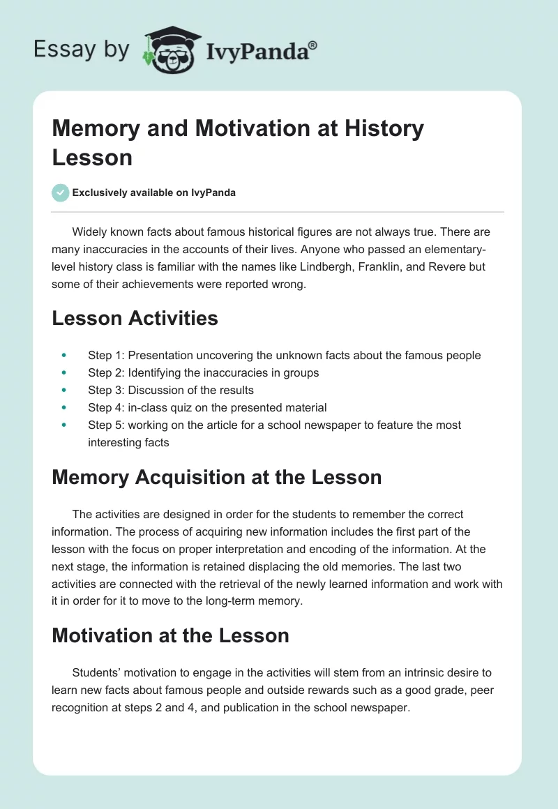Memory and Motivation at History Lesson. Page 1