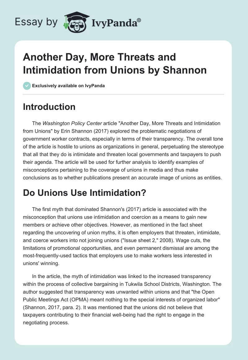 "Another Day, More Threats and Intimidation from Unions" by Shannon. Page 1