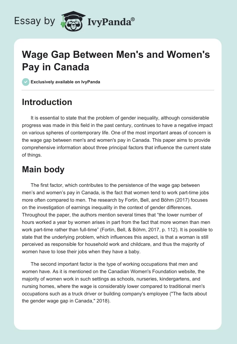 Wage Gap Between Men's and Women's Pay in Canada. Page 1